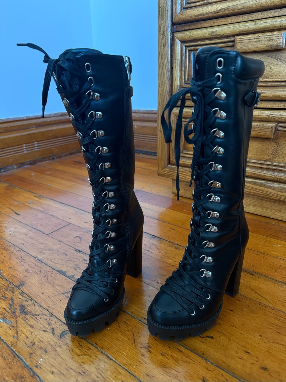 Black Lace-Up High-Heel Combat Boots